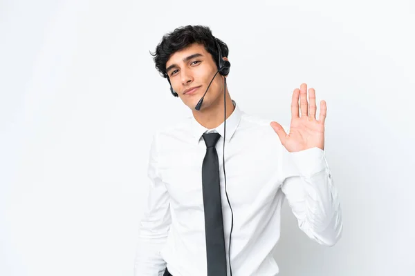 Telemarketer Man Working Headset Isolated White Background Saluting Hand Happy — Stock Photo, Image