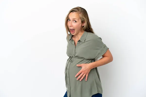 Jeune Femme Caucasienne Isolée Sur Fond Blanc Enceinte Faisant Geste — Photo