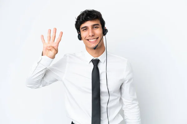 Hombre Telemarketer Trabajando Con Auricular Aislado Sobre Fondo Blanco Feliz — Foto de Stock