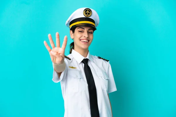 Flugzeugpilot Kaukasische Frau Isoliert Auf Blauem Hintergrund Glücklich Und Zählen — Stockfoto
