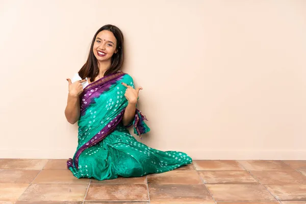Young Indian Woman Sitting Floor Proud Self Satisfied — Stock Photo, Image