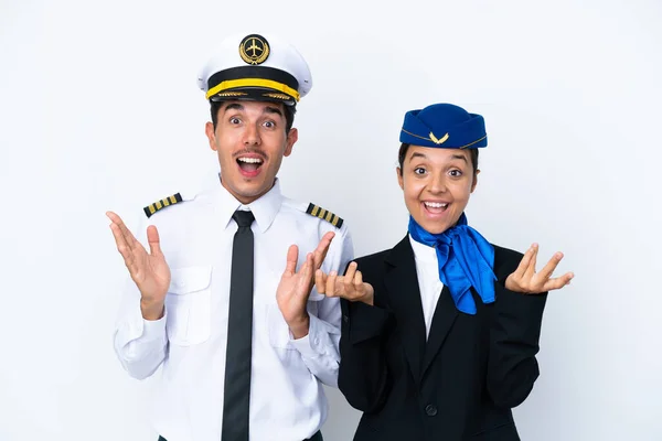 Airplane Pilot Mixed Race Air Hostess Isolated White Background Surprise — Stock Photo, Image