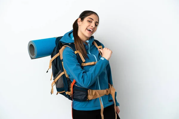 Молодой Альпинист Большим Рюкзаком Изолированном Фоне Гордый Самодовольный — стоковое фото