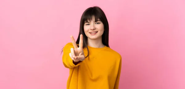 Young Ukrainian Woman Isolated Pink Background Smiling Showing Victory Sign — Stock Photo, Image