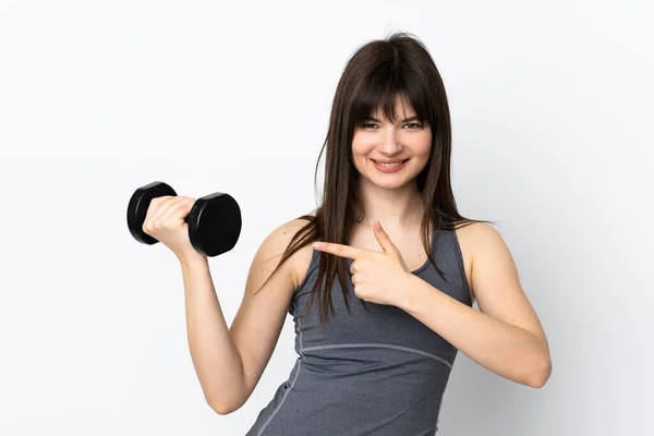 Ukrainian Sport Girl Making Weightlifting Isolated Blue Background Pointing — Stock Photo, Image