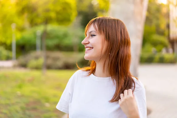 Young Pretty Redhead Woman Outdoors Happy Expression — Stock Photo, Image
