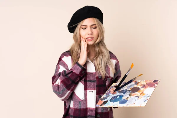 Tonåring Artist Flicka Som Håller Palett Isolerad Blå Bakgrund Med — Stockfoto