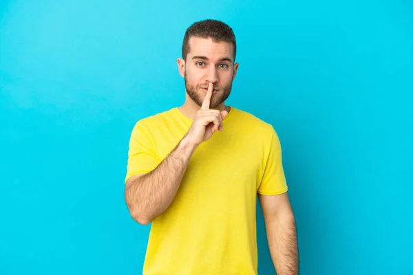 Young Handsome Caucasian Man Isolated Blue Background Showing Sign Silence — Stock Photo, Image