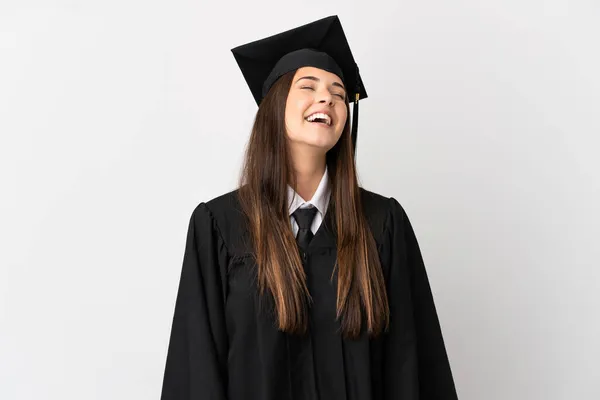 Tonåring Brasilianska Universitet Examen Över Isolerad Vit Bakgrund Skrattar — Stockfoto