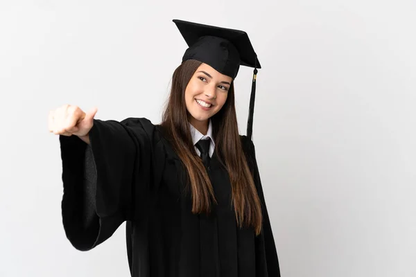 Adolescente Graduado Universitario Brasileño Sobre Fondo Blanco Aislado Dando Gesto — Foto de Stock