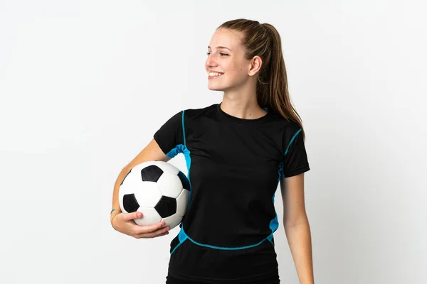 Giovane Giocatore Calcio Donna Isolato Sfondo Bianco Cercando Lato — Foto Stock