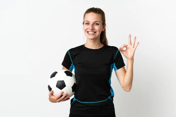 Νεαρή Γυναίκα Ποδοσφαιριστής Απομονώνονται Λευκό Φόντο Δείχνει Υπογράψει Δάχτυλα — Φωτογραφία Αρχείου