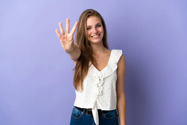 Молодая Белая Женщина Изолированном Фоне Счастлива Считает Троих Пальцами — стоковое фото