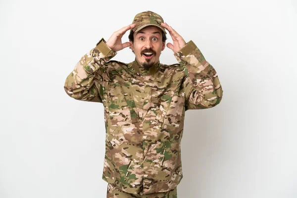 Soldier Man Isolated White Background Surprise Expression — Stock Photo, Image