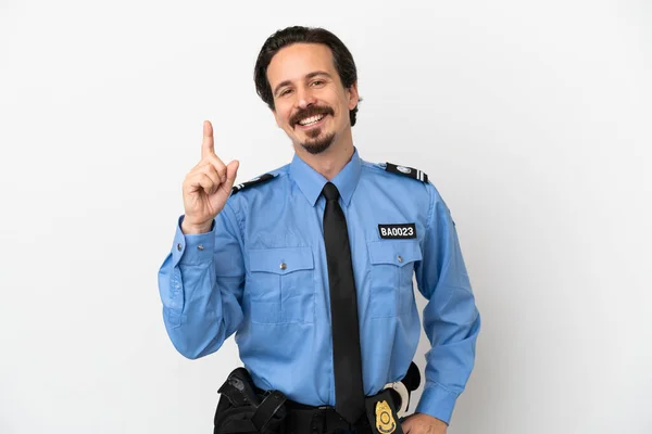 Jonge Politieman Geïsoleerde Achtergrond Wit Tonen Heffen Van Een Vinger — Stockfoto