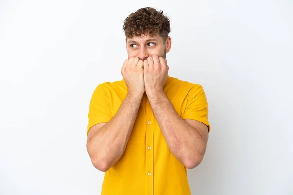 Young Handsome Caucasian Man Isolated White Background Nervous Scared Putting — Stock Photo, Image