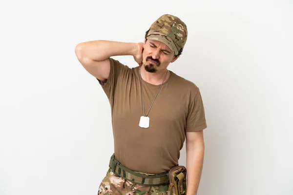 Soldat Man Isolerad Vit Bakgrund Med Halsvärk — Stockfoto