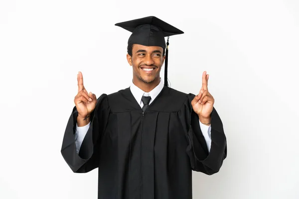 Afroamerikanische Universitätsabsolventen Vor Isoliertem Weißen Hintergrund Mit Daumendrücken — Stockfoto