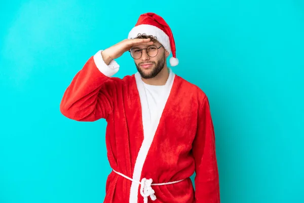 Young Man Disguised Santa Claus Isolated Blue Background Looking Far — Stock Photo, Image