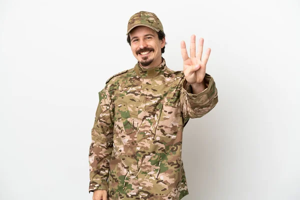 Soldat Man Isolerad Vit Bakgrund Glad Och Räkna Fyra Med — Stockfoto