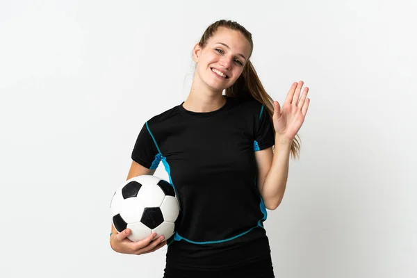 Νεαρή Ποδοσφαιριστής Γυναίκα Απομονωμένη Λευκό Φόντο Χαιρετισμό Χέρι Ευτυχισμένη Έκφραση — Φωτογραφία Αρχείου