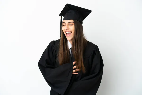 Graduação Universitária Jovem Isolado Fundo Branco Sorrindo Muito — Fotografia de Stock