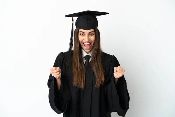 Graduação Universitária Jovem Isolado Fundo Branco Comemorando Uma Vitória Posição — Fotografia de Stock
