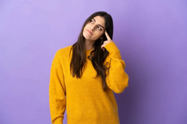 Young Caucasian Woman Isolated Purple Background Making Gesture Madness Putting — Stock Photo, Image