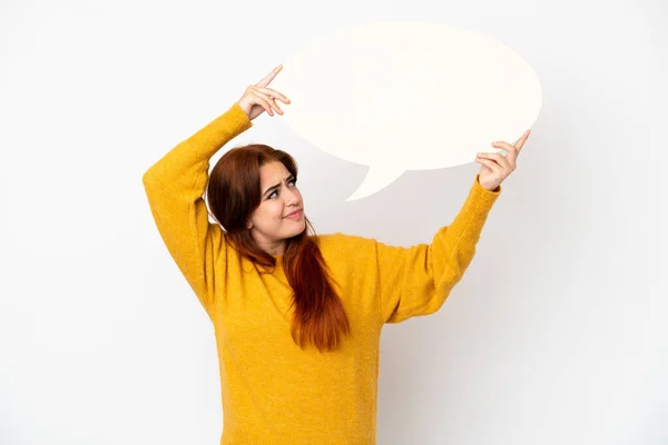 Young Redhead Woman Isolated White Background Holding Empty Speech Bubble — Stock Photo, Image