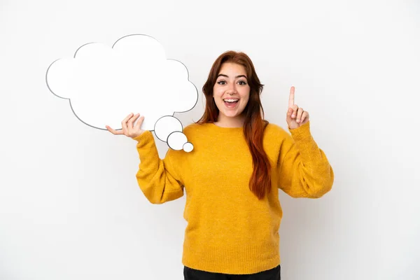 Young Redhead Woman Isolated White Background Holding Thinking Speech Bubble — Stock Photo, Image