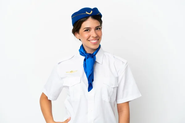 비행기의 스튜어디스 Stewardess 카시아 Caucasian 배경에서 웃으면서 고립되었다 — 스톡 사진
