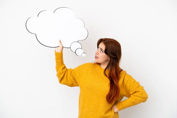 Young Redhead Woman Isolated White Background Holding Thinking Speech Bubble — Stock Photo, Image