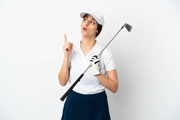 Handsome Young Golfer Player Woman Isolated White Background Thinking Idea — Stock Photo, Image