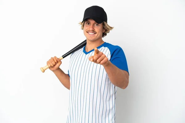 Mladý Blondýnka Muž Izolovaný Bílém Pozadí Hrát Baseball Ukazuje Prst — Stock fotografie