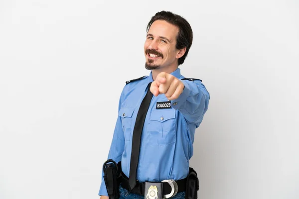Młody Policjant Nad Odizolowanym Tle Białe Punkty Palec Ciebie Pewnym — Zdjęcie stockowe