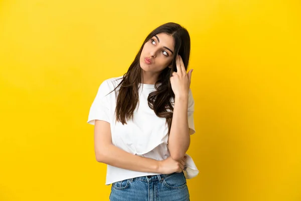 Young Caucasian Woman Isolated Yellow Background Problems Making Suicide Gesture — Stock Photo, Image