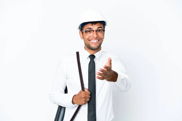 Architetto Brasiliano Uomo Con Casco Tenendo Cianografie Stringendo Mano Chiudere — Foto Stock