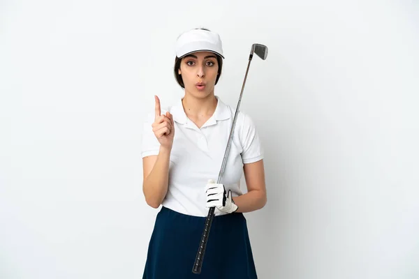 Belle Jeune Joueuse Golf Femme Isolée Sur Fond Blanc Dans — Photo