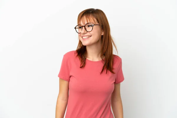Redhead Girl Isolated White Background Looking Side Smiling — Stock Photo, Image