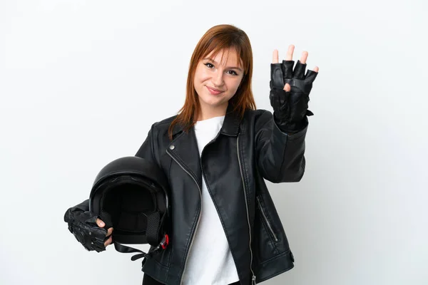 Руда Дівчина Мотоциклетним Шоломом Ізольована Білому Тлі Щаслива Рахує Чотири — стокове фото