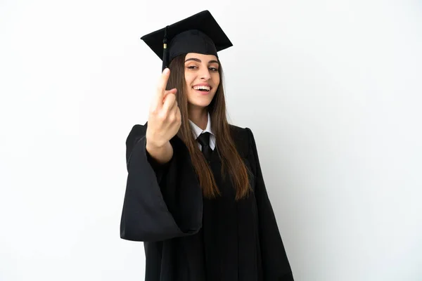 Νεαρός Απόφοιτος Πανεπιστημίου Απομονωμένος Λευκό Φόντο Κάνει Επερχόμενη Χειρονομία — Φωτογραφία Αρχείου