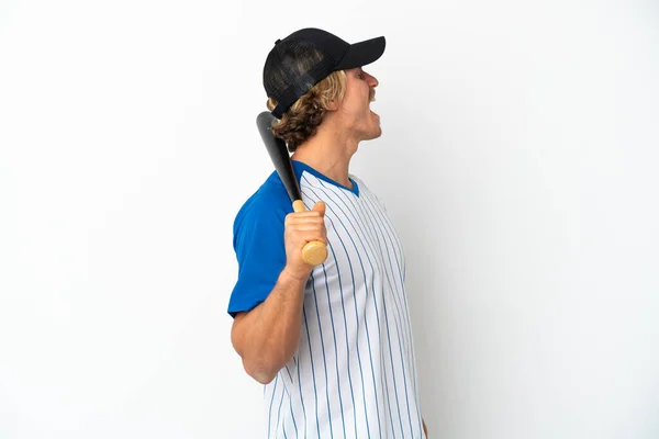 Mladý Blondýnka Muž Hraje Baseball Izolované Bílém Pozadí Směje Laterální — Stock fotografie