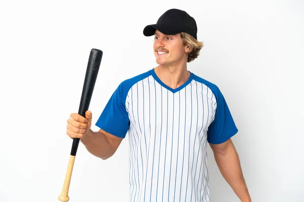 Mladý Blondýnka Muž Izolovaný Bílém Pozadí Hrát Baseball — Stock fotografie