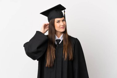 İzole edilmiş beyaz arka plan üzerine Brezilyalı genç üniversite mezununun şüpheleri var