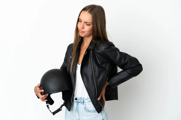 Donna Con Casco Moto Sfondo Bianco Isolato Che Soffre Mal — Foto Stock