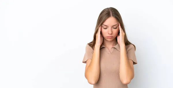 Mujer Joven Lituana Aislada Sobre Fondo Blanco Con Dolor Cabeza — Foto de Stock