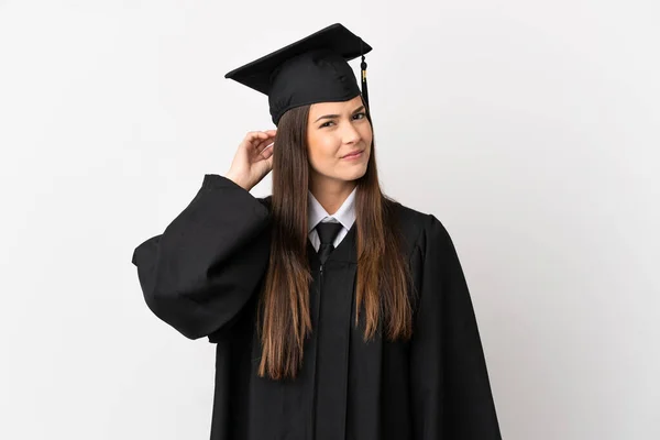 Adolescente Graduado Universitário Brasileiro Sobre Fundo Branco Isolado Com Dúvidas — Fotografia de Stock