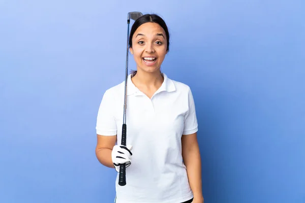 Young Golfer Woman Isolated Colorful Background Surprise Facial Expression — Stock Photo, Image