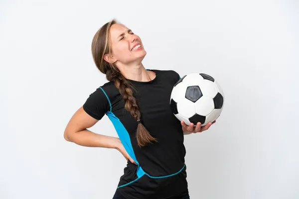 Jonge Voetballer Vrouw Geïsoleerd Witte Achtergrond Lijden Aan Rugpijn Voor — Stockfoto
