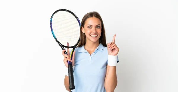 Mujer Joven Sobre Fondo Blanco Aislado Jugando Tenis Apuntando Hacia — Foto de Stock